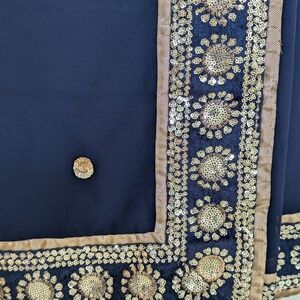 Elegant Navy Blue and Gold Embroidered Women's Shawl